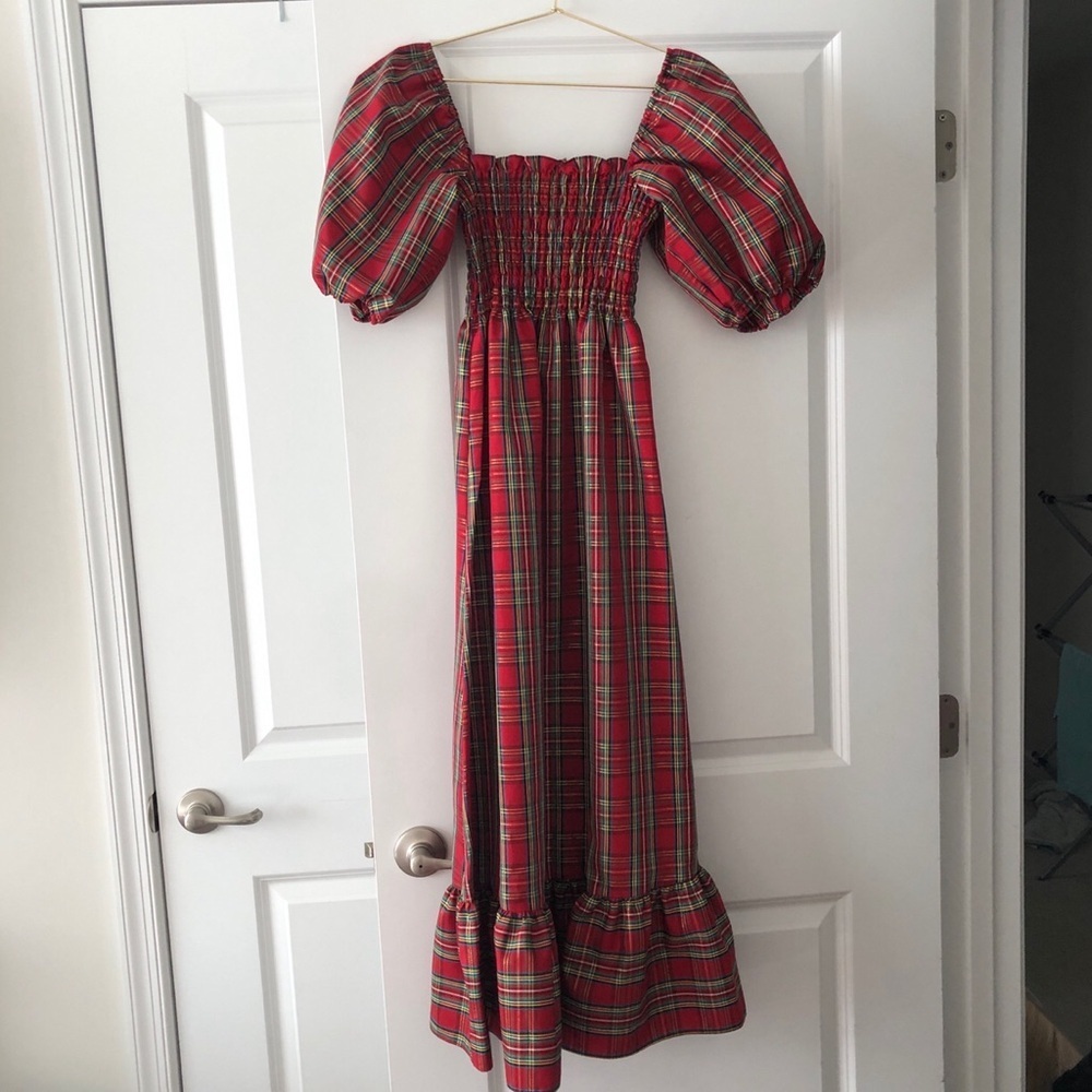 Bailey Harrison Red Plaid MIDI Puffer Sleeve Holiday Dress Size Medium - Picture 2 of 7